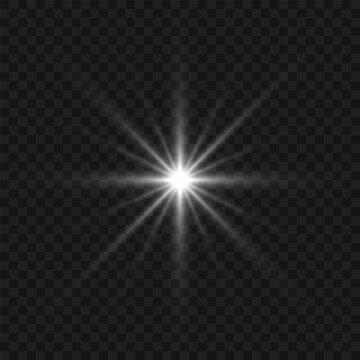 White glowing light flashes with transparent. Vector illustration for decorating cool effect with sequins rays. Bright Star. Transparent background, bright flash.