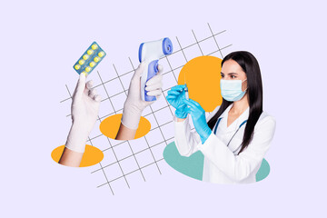 Composite photo collage of serious girl doctor wear mask gloves do vaccine covid syringe pills...