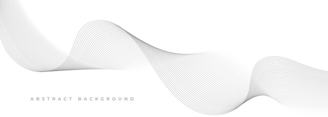 Grey wavy lines on white abstract background. White and gray wide vector banner illustration with particles wave stripes.