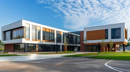 A contemporary school boasts impressive architecture with bold lines and unique, functional design.