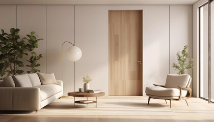 Fototapeta premium Elegant and Minimalist Living Room Interior Design Featuring Natural Light and Greenery