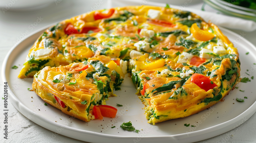 Wall mural Colorful vegetable frittata with bell peppers spinach and feta cheese sliced into wedges on a white platter