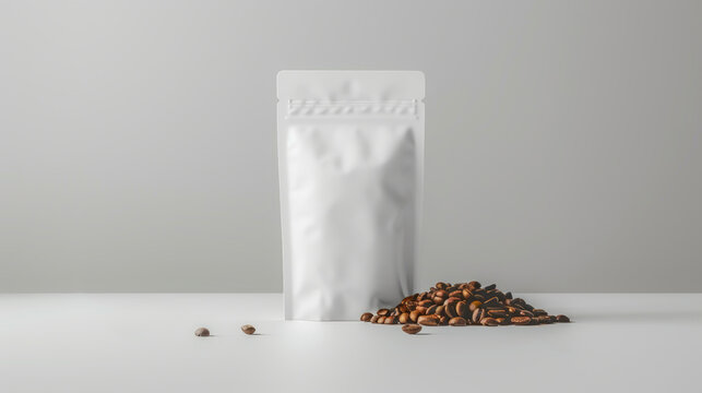Blank Foil Food Or Drink Bag Packaging with valve and seal. white Foil plastic pouch coffee bag. Packaging template mockup