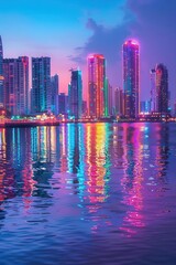 Vibrant cityscape at dusk with colorful lights reflected in the water.