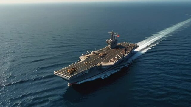 Aircraft carrier in the middle of the vast sea, smooth looping video 