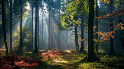 Obraz premium Vibrant forest with misty morning