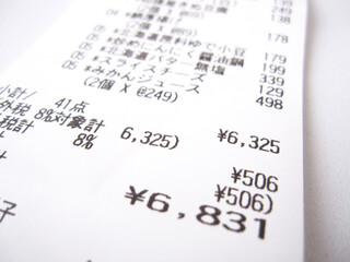 Fototapeta premium Supermarket Grocery Shopping Receipt Close Up（スーパーマーケットの食料品のレシート）