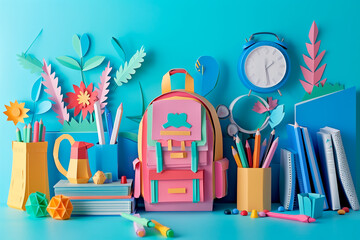 Backpack with different colorful stationery on table. Banner design, back to school, paper illustration