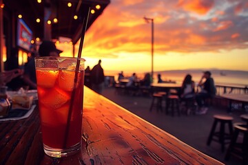 Sunset cocktail with a vibrant mix of colors set against a beautiful evening sky capturing the essence of leisure and relaxation perfect for beachside gatherings and sunset views
