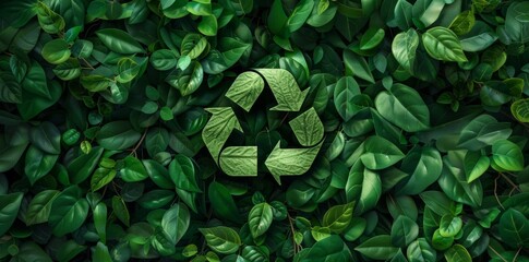 A vibrant image features lush green foliage with a prominent recycle symbol integrated into the scene.
