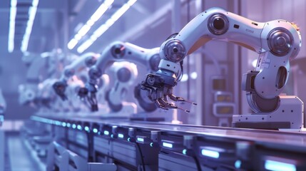 Modern robotic arms working in automated assembly line in a futuristic factory setting. High-tech machinery and advanced manufacturing technology.