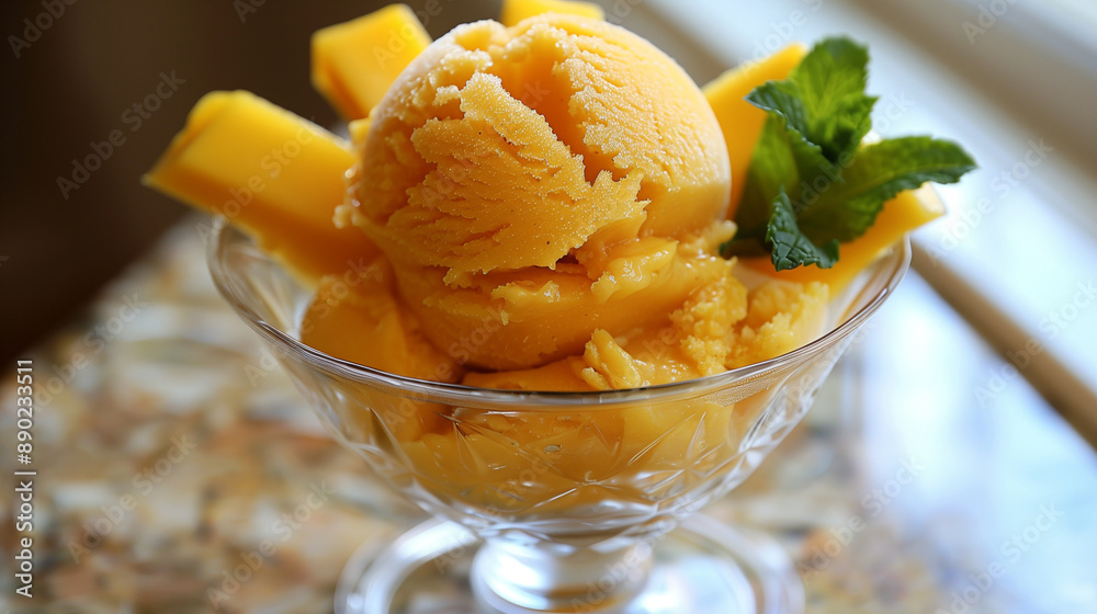 Canvas Prints Refreshing dairy-free mango sorbet in a glass bowl garnished with mint and fresh mango slices