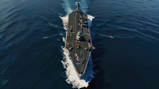 Aircraft carrier in the middle of the vast sea, smooth looping video 
