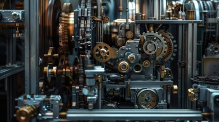 Fototapeta premium Close-up of intricate machine gears and mechanisms showcasing industrial technology and mechanical engineering precision.