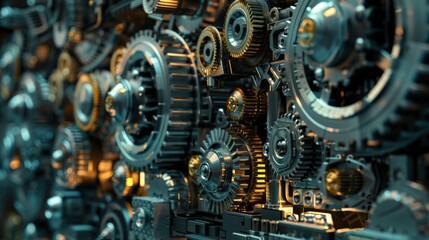 Close-up of intricate mechanical gears and cogs, showcasing the complexity and precision of industrial machinery and engineering.
