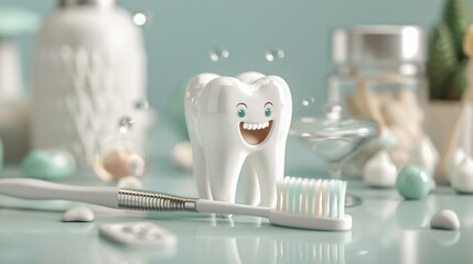 Cheerful 3D Tooth Character Engaging in Daily Oral Care Routine with Toothbrush Dental Hygiene Concept