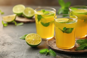Fototapeta premium Refreshing mojito with lime and mint set against a rustic background perfect for a fresh and revitalizing drink evoking a sense of summer and relaxation