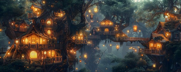 Magical Treehouse Village Illuminated at Night In Enchanted Forest