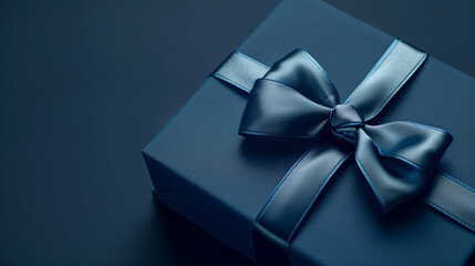 Luxury gift box with a blue bow on a blue background, copy space.