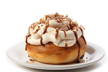 Fototapeta premium Plate of tasty cinnamon roll with cream on white background