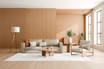 Modern minimalist living room with wooden accents, featuring a sleek sofa, wooden coffee table, floor lamp, armchair, and large windows allowing natural light. 3d render.