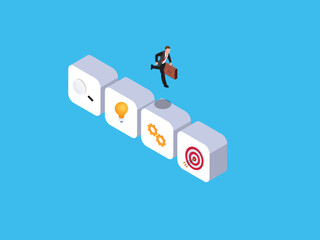 Businessman with bag jumping from idea to targe