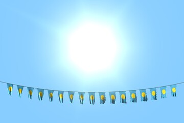 cute day of flag 3d illustration. - many Palau flags or banners hanging on rope on blue sky background