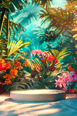 Leeres Podium oder Podest zur Produktpräsentation auf weißem Sand umgeben von bunten Palmen und Blumen mit abstrakten Regenwald Hintergrund