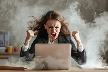 Angry businesswoman screams at laptop for connectivity problem, expressing frustration