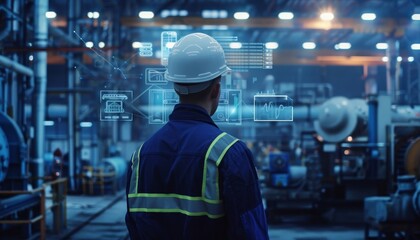 Industrial engineer with data visualizations in factory setting amid machinery, in realistic style