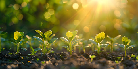 Sprouts in the soil against the background of the bed