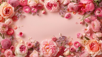 Vintage Wood Frame. Romantic Floral Frame with Peonies and Roses on Pink Background