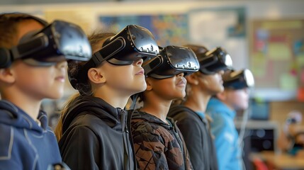 Students explore a captivating virtual world with VR headsets, enhancing their learning together.