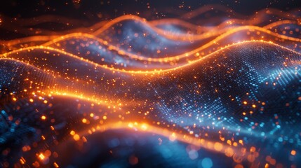 Abstract digital wave with orange and blue lights - generative ai