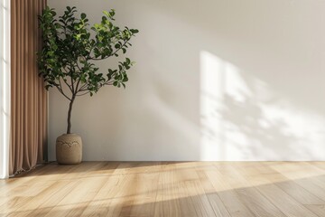 Background With Floor. Empty White Wall Mockup with Brown Curtain, Plant and Wood Floor