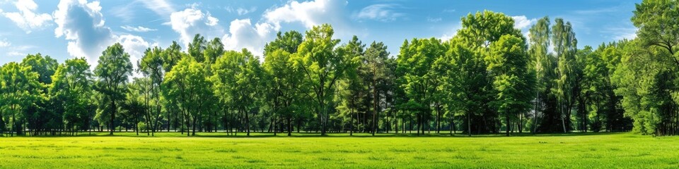 Fototapeta premium Field Trees. Summer Park Landscape with Green Meadow and Trees under Blue Sky