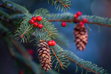 Happy Holidays Red. Christmas Concept with Evergreen Tree Branch and Pine Cone Decor