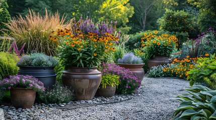 container gardening:  visually coordinated garden, container gardening with purpose. aesthetic garden planning