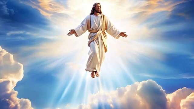 The resurrected Jesus Christ ascending to heaven above the bright light sky and clouds and God, Smooth looping video. - Powered by Adobe