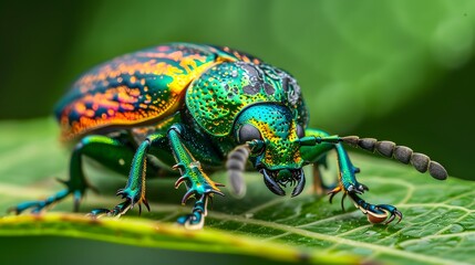 Fototapeta premium Close up of colorful beetle crawling on a leaf, showcasing intricate details and vibrant colors.