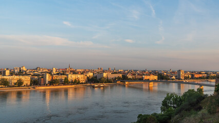 Aerial view Of Novi Sad and Danube river  from Petrovaradin in sunrise, Vojvodina region, Novi Sad, Serbia