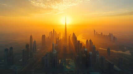 Naklejka premium Breathtaking aerial view of a bustling modern city skyline at golden sunset with skyscrapers reaching into the sky