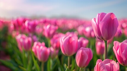 Tulips Blossom: Pink Tulips Blooming in Vibrant Field Background