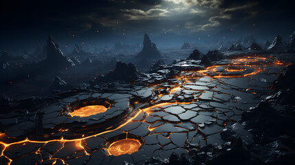 A dark, rocky landscape with a river of lava flowing through cracks in the ground. The scene is lit by a faint moon and a few distant stars.