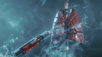 Dangers of E-Cigarettes Revealed: Close-Up of Damaged Lung Tissue Beside Vaping Device