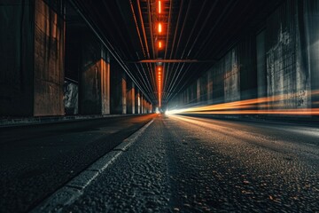 Urban Scene. Night View of Bridge Construction Over Asphalt Road with Car Light Trails in Tunnel