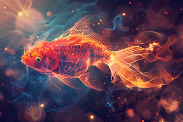 Digital wireframe polygon illustration of a fish, featuring geometric shapes and sharp lines to create a modern, tech-inspired depiction of aquatic life