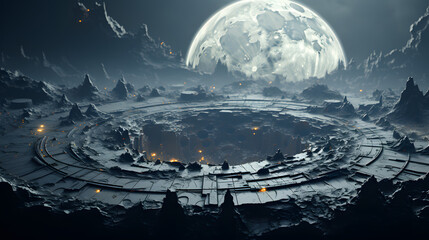 An otherworldly scene with a large circular structure on a rocky surface, with a moon in the background and glowing lights emanating from the structure.
