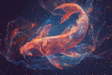 Digital wireframe polygon illustration of a fish, featuring geometric shapes and sharp lines to create a modern, tech-inspired depiction of aquatic life