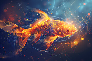 Digital wireframe polygon illustration of a fish, featuring geometric shapes and sharp lines to create a modern, tech-inspired depiction of aquatic life